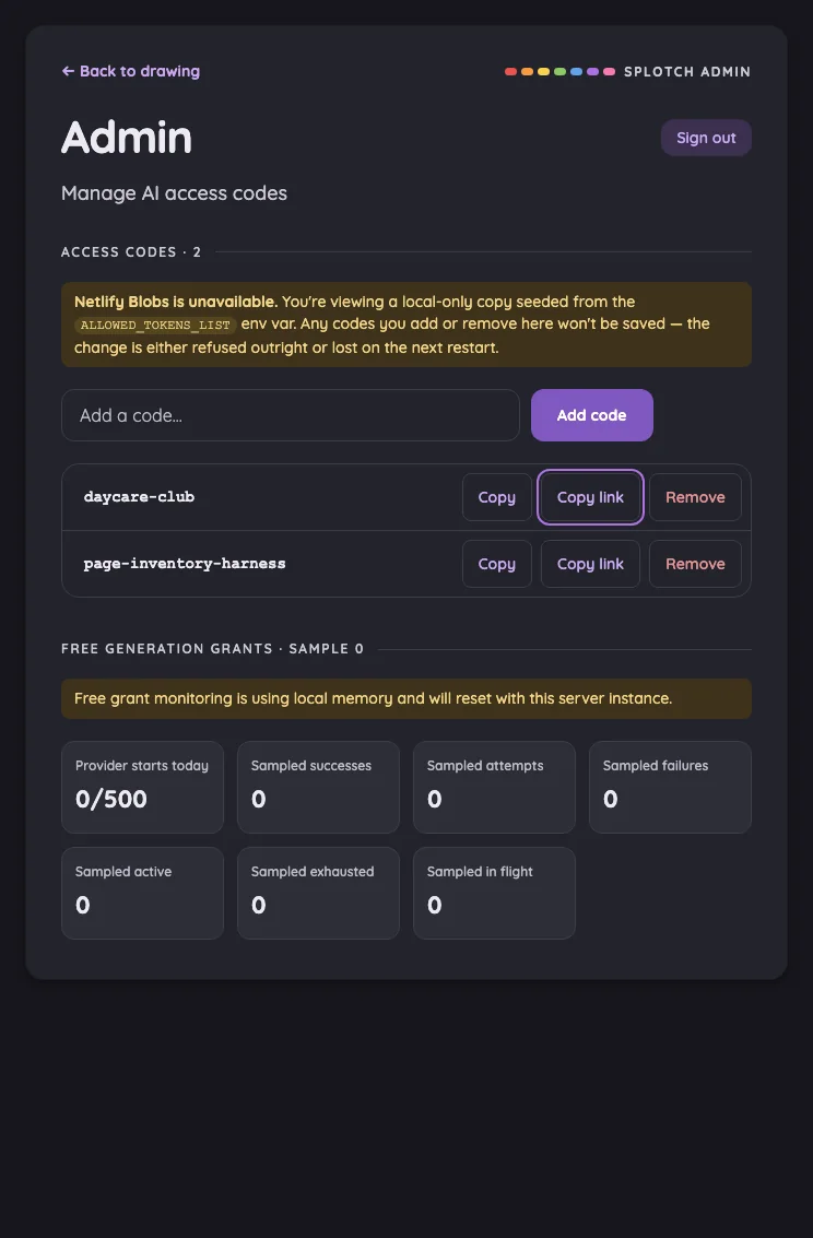 Admin · access-code actions in night mode at iPad mini 7th Gen (2024) in portrait