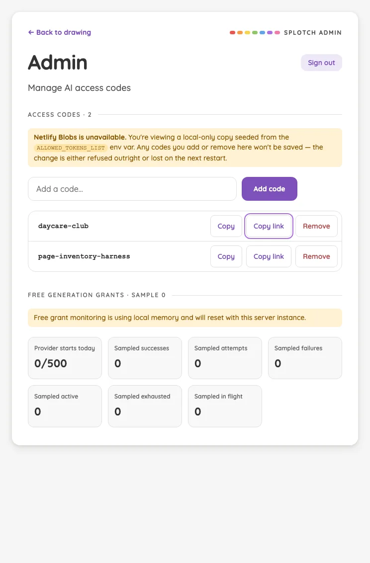 Admin · access-code actions in light mode at iPad mini 7th Gen (2024) in portrait