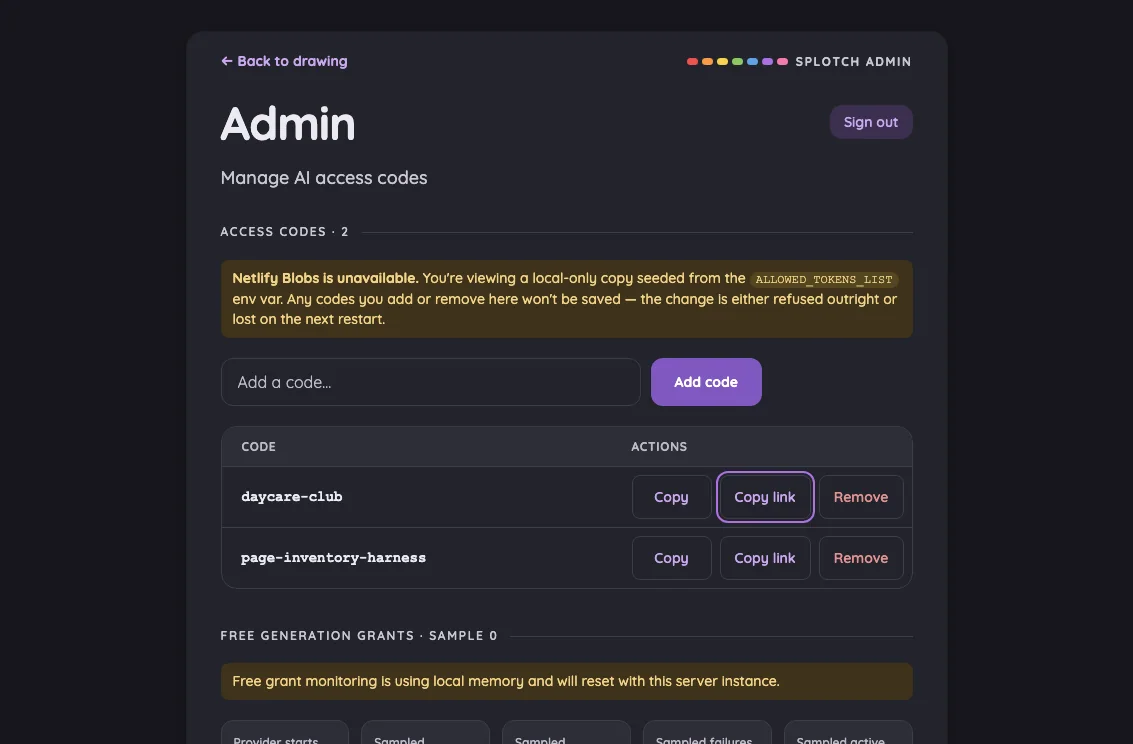 Admin · access-code actions in night mode at iPad mini 7th Gen (2024) in landscape