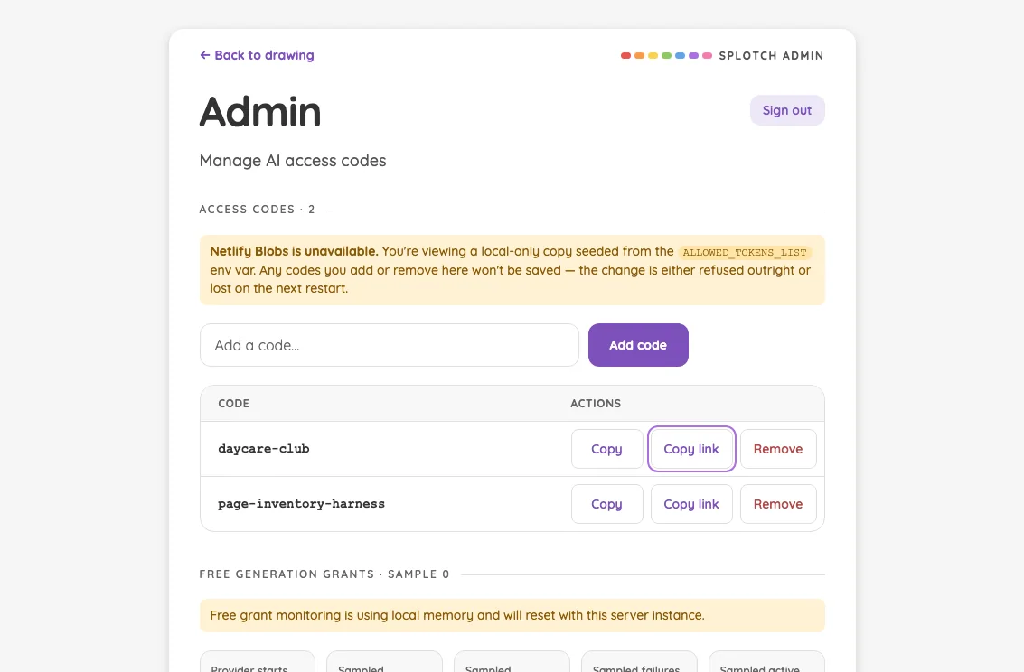 Admin · access-code actions in light mode at iPad mini 7th Gen (2024) in landscape