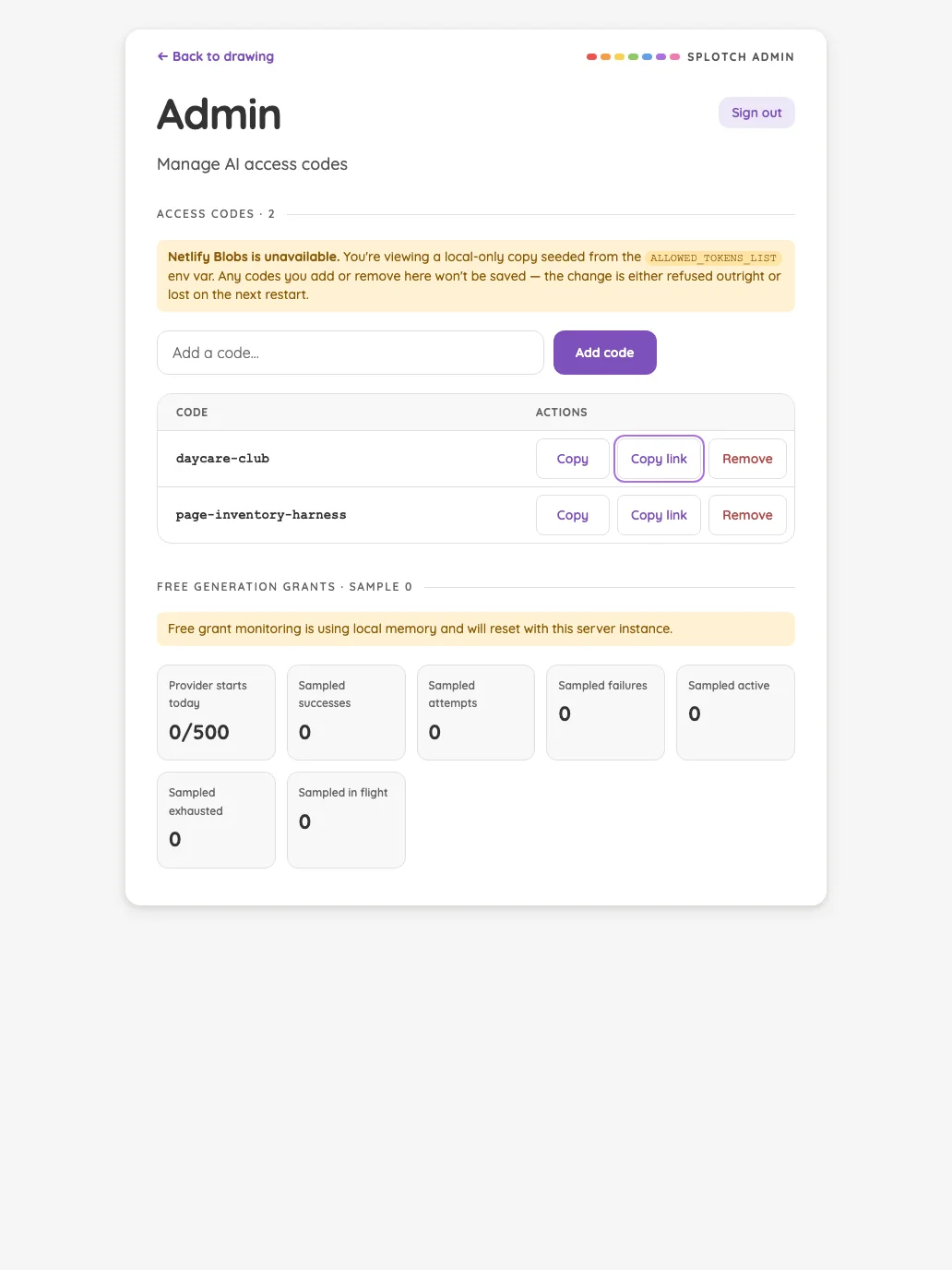 Admin · access-code actions in light mode at iPad Pro 13-inch (M4) in portrait