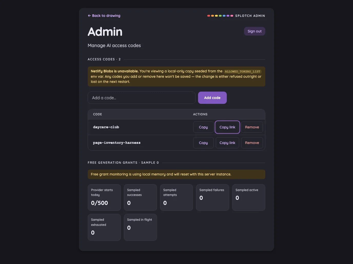Admin · access-code actions in night mode at iPad Pro 13-inch (M4) in landscape