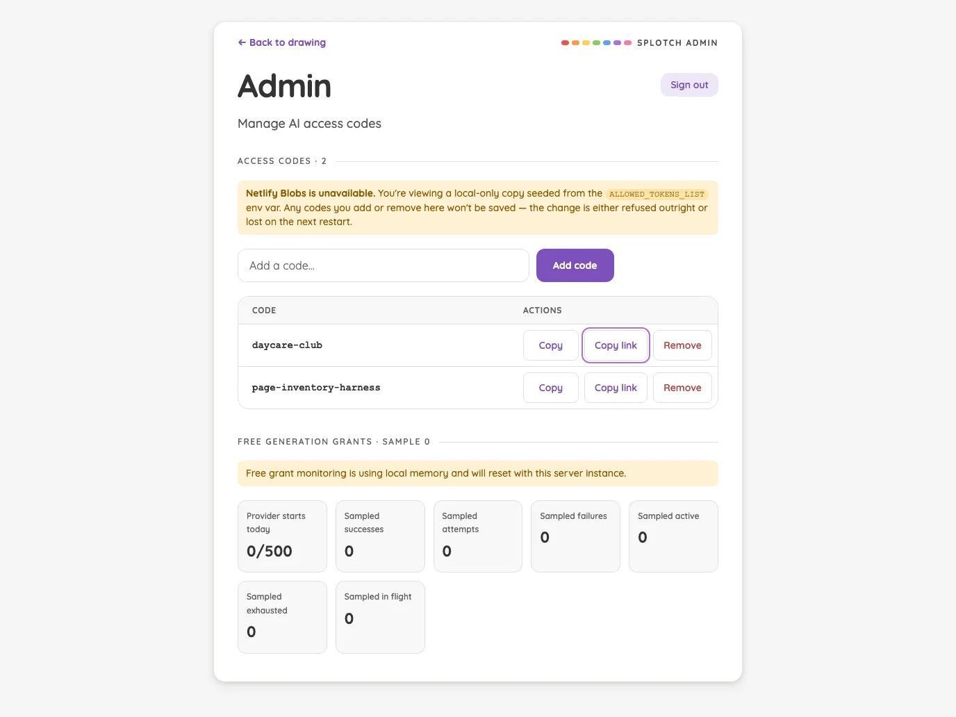 Admin · access-code actions in light mode at iPad Pro 13-inch (M4) in landscape