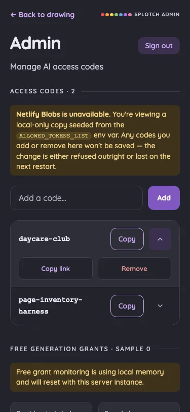 Admin · access-code actions in night mode at iPhone 13 mini in portrait