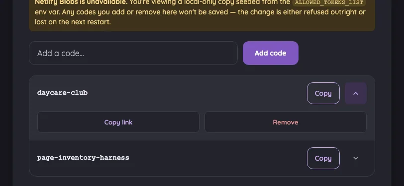 Admin · access-code actions in night mode at iPhone 13 mini in landscape