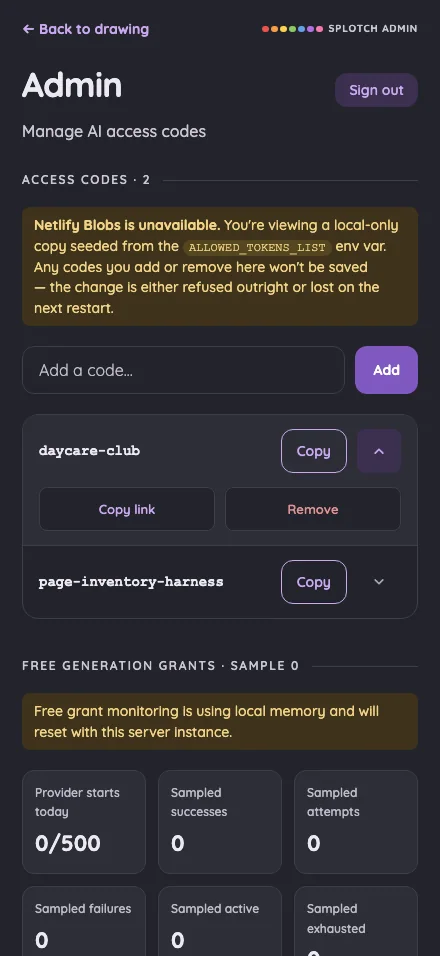 Admin · access-code actions in night mode at iPhone 16 Pro Max in portrait
