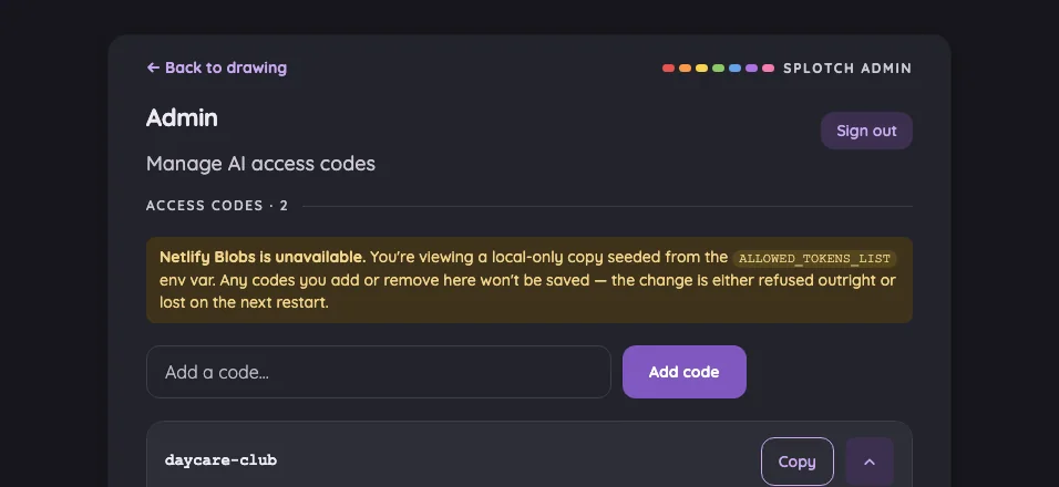 Admin · access-code actions in night mode at iPhone 16 Pro Max in landscape