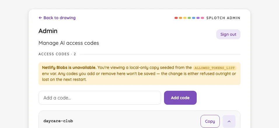 Admin · access-code actions in light mode at iPhone 16 Pro Max in landscape