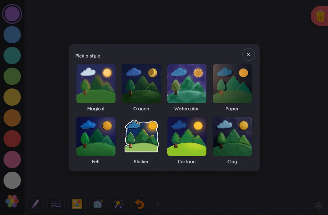 AI style picker in night mode at iPad mini 7th Gen (2024) in landscape