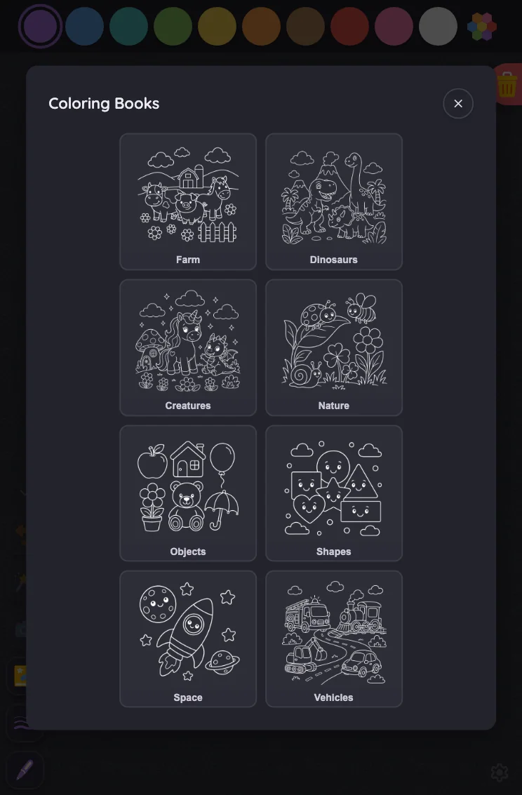 Coloring-book picker in night mode at iPad mini 7th Gen (2024) in portrait
