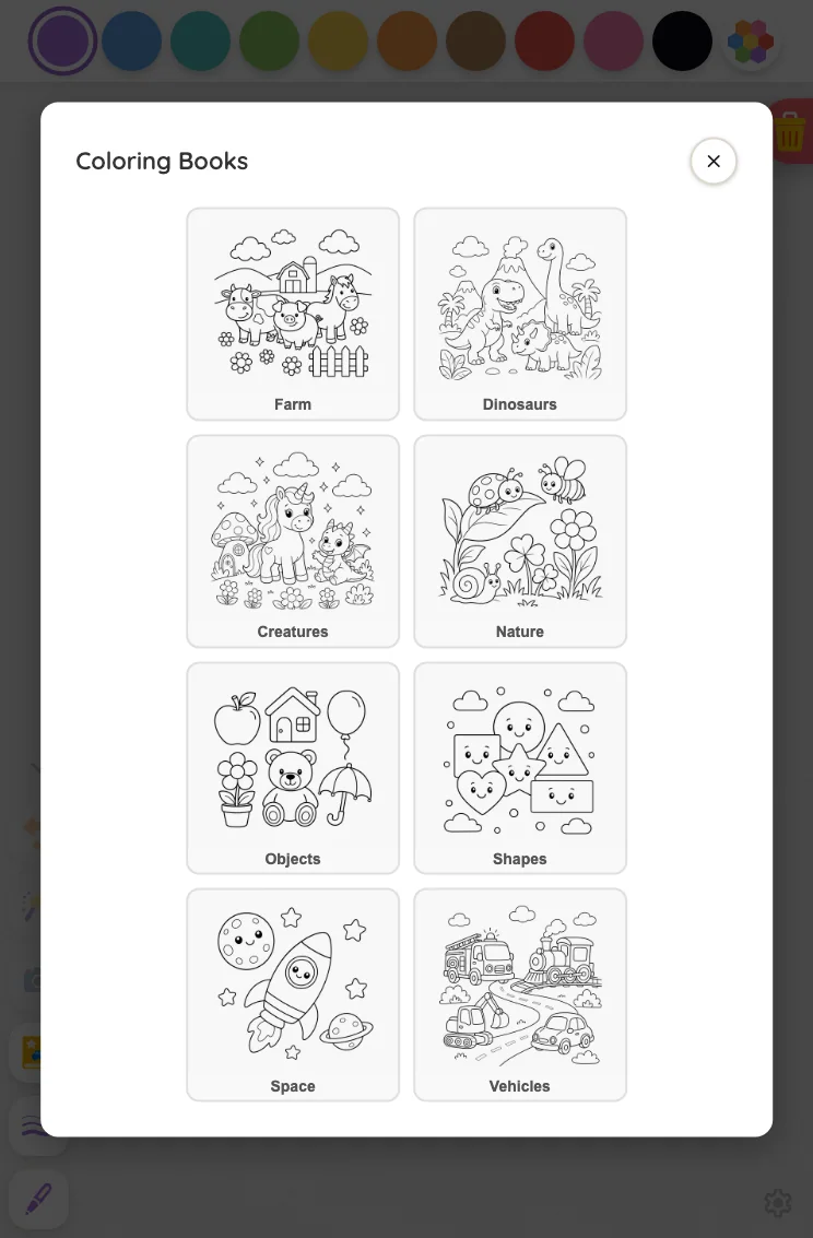 Coloring-book picker in light mode at iPad mini 7th Gen (2024) in portrait