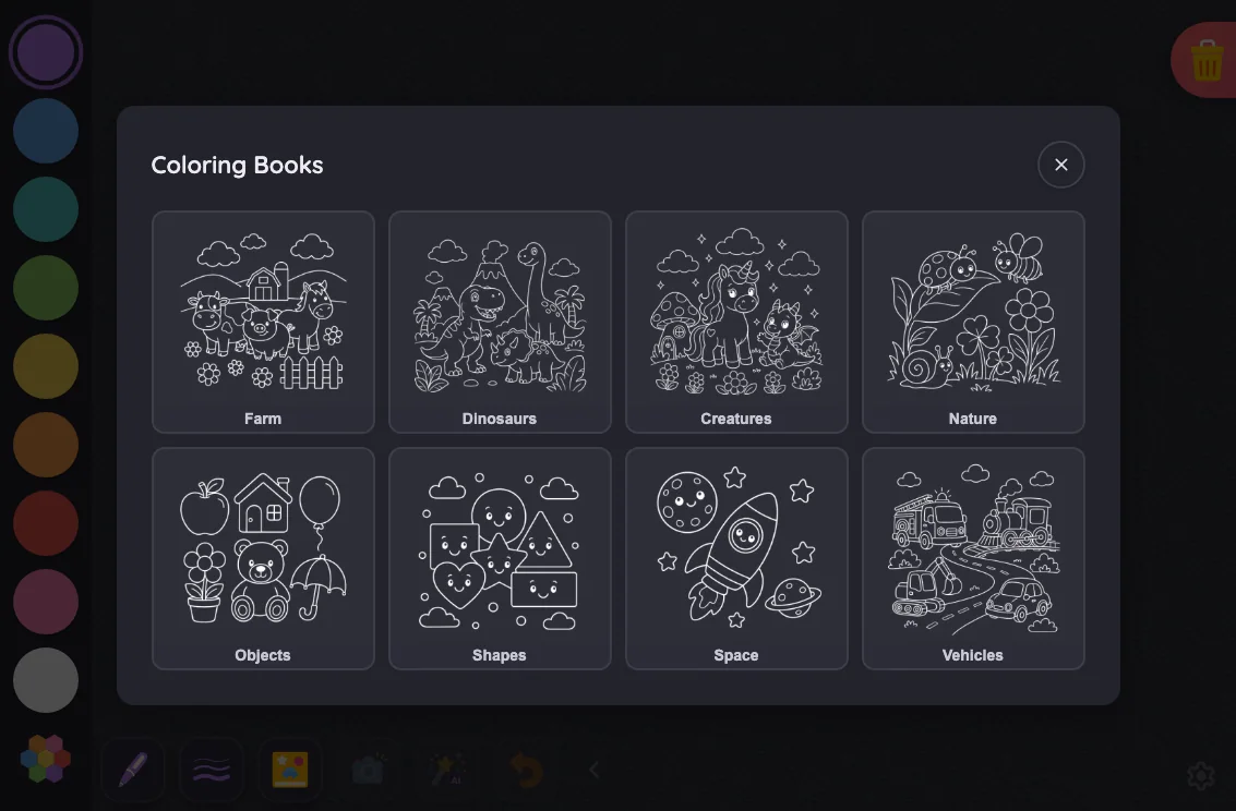 Coloring-book picker in night mode at iPad mini 7th Gen (2024) in landscape