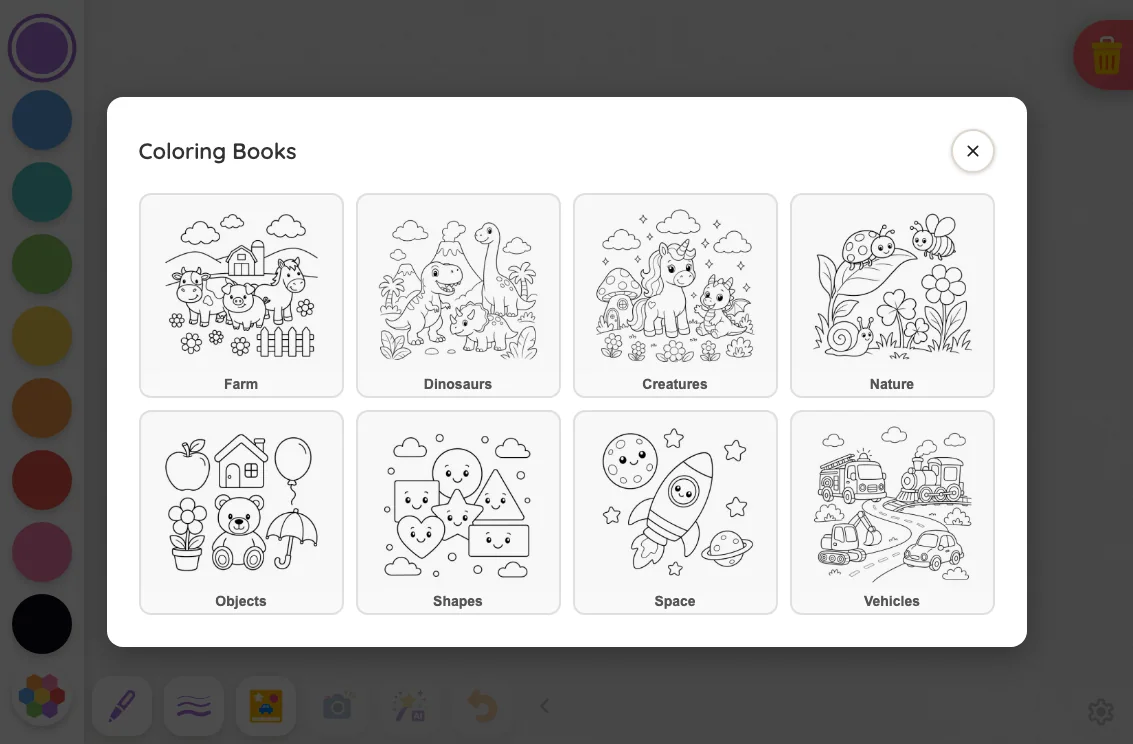 Coloring-book picker in light mode at iPad mini 7th Gen (2024) in landscape