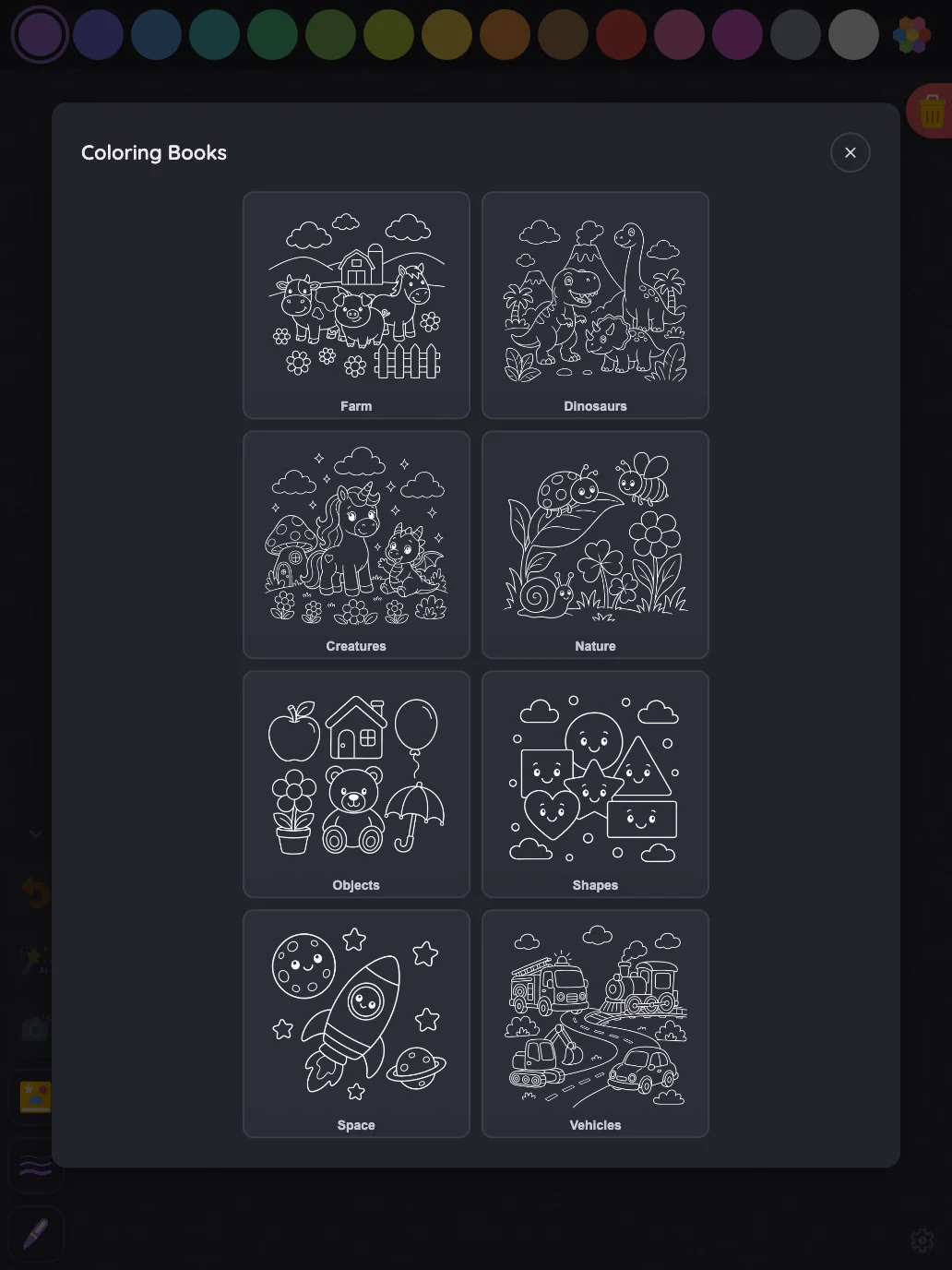 Coloring-book picker in night mode at iPad Pro 13-inch (M4) in portrait