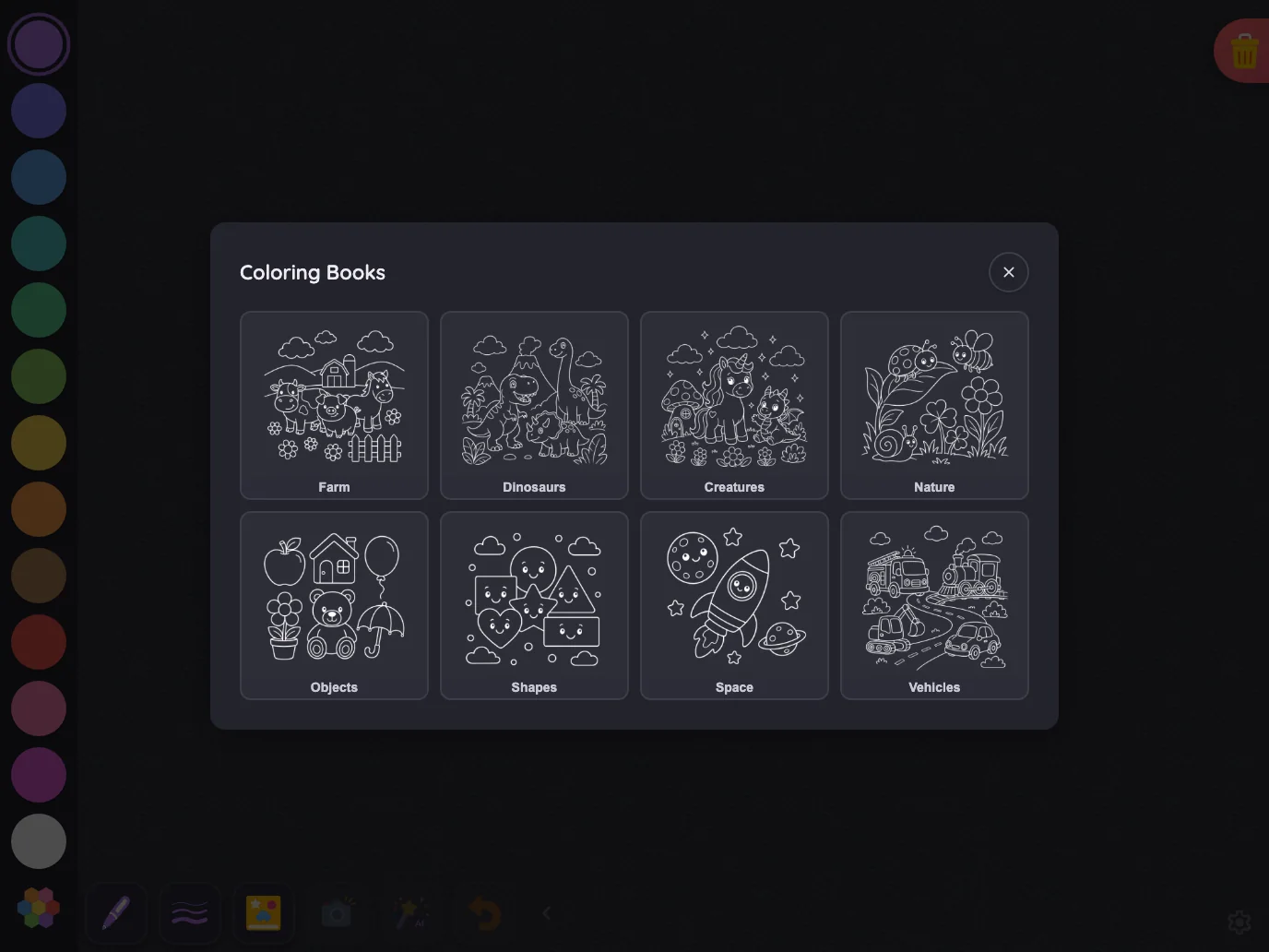 Coloring-book picker in night mode at iPad Pro 13-inch (M4) in landscape