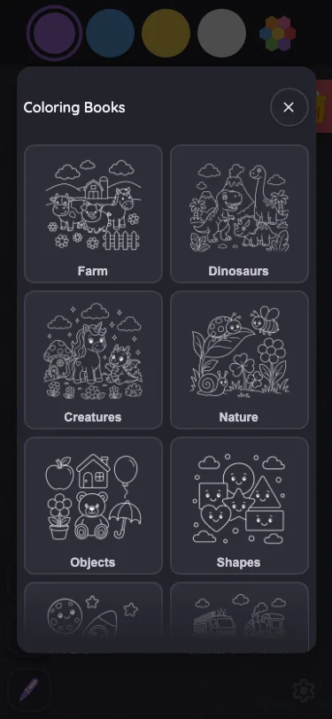 Coloring-book picker in night mode at iPhone 13 mini in portrait