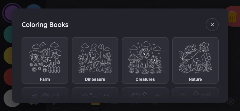 Coloring-book picker in night mode at iPhone 13 mini in landscape
