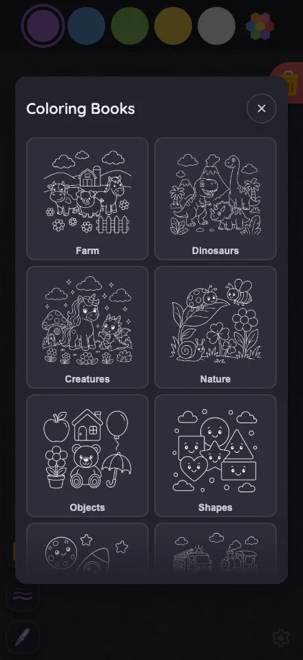 Coloring-book picker in night mode at iPhone 16 Pro Max in portrait