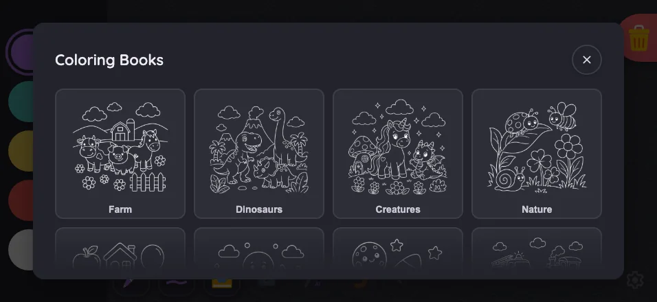 Coloring-book picker in night mode at iPhone 16 Pro Max in landscape