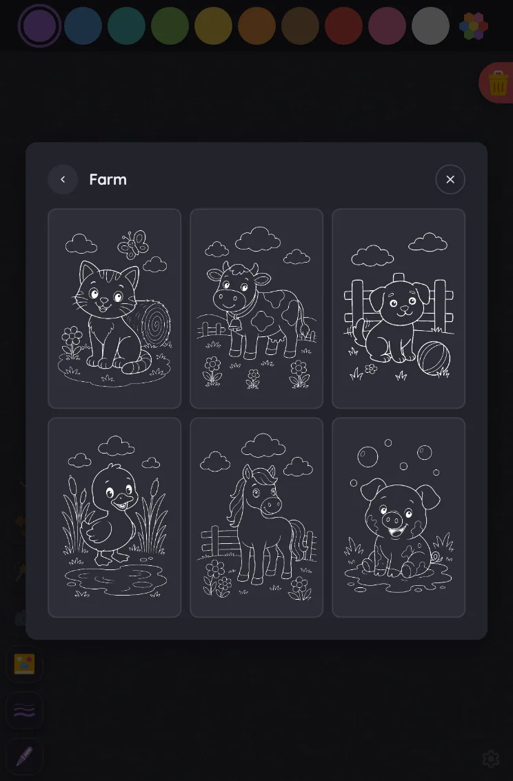 Coloring-page picker in night mode at iPad mini 7th Gen (2024) in portrait
