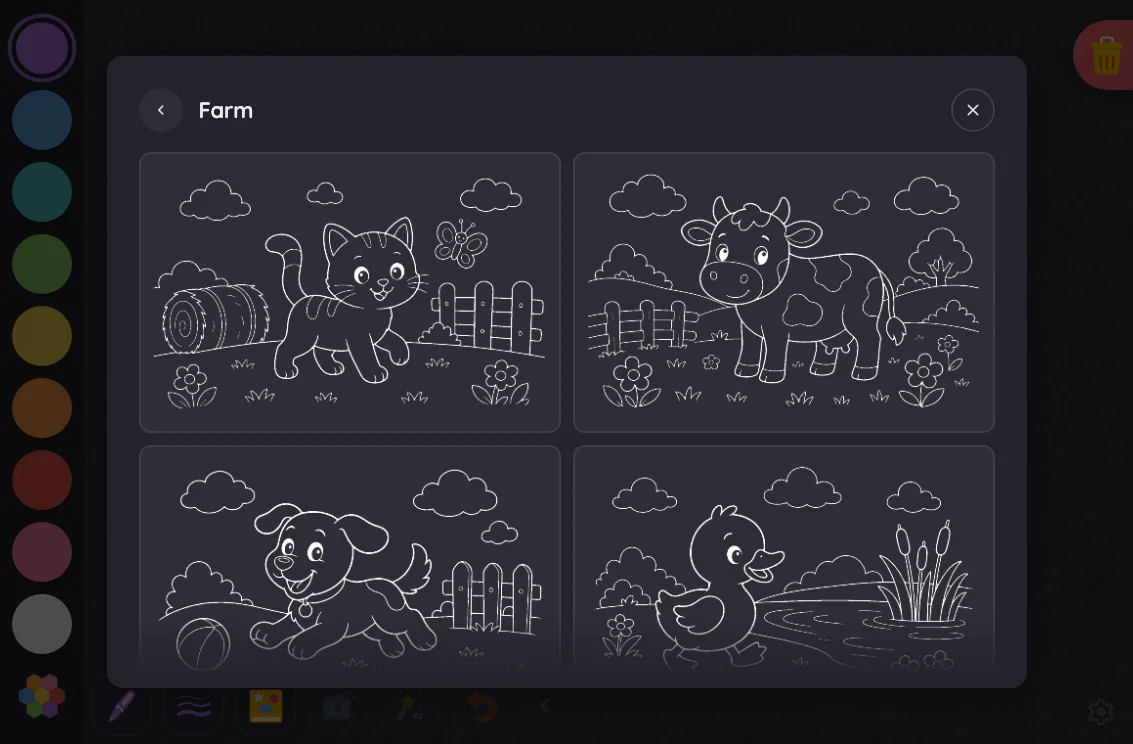 Coloring-page picker in night mode at iPad mini 7th Gen (2024) in landscape