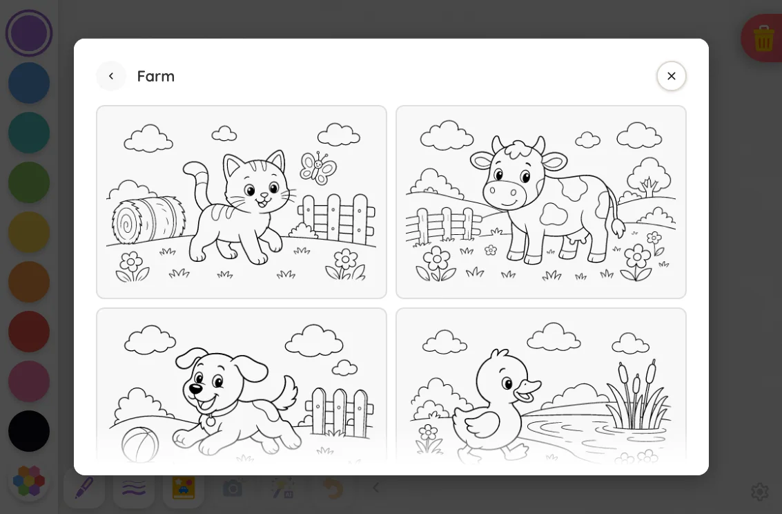 Coloring-page picker in light mode at iPad mini 7th Gen (2024) in landscape