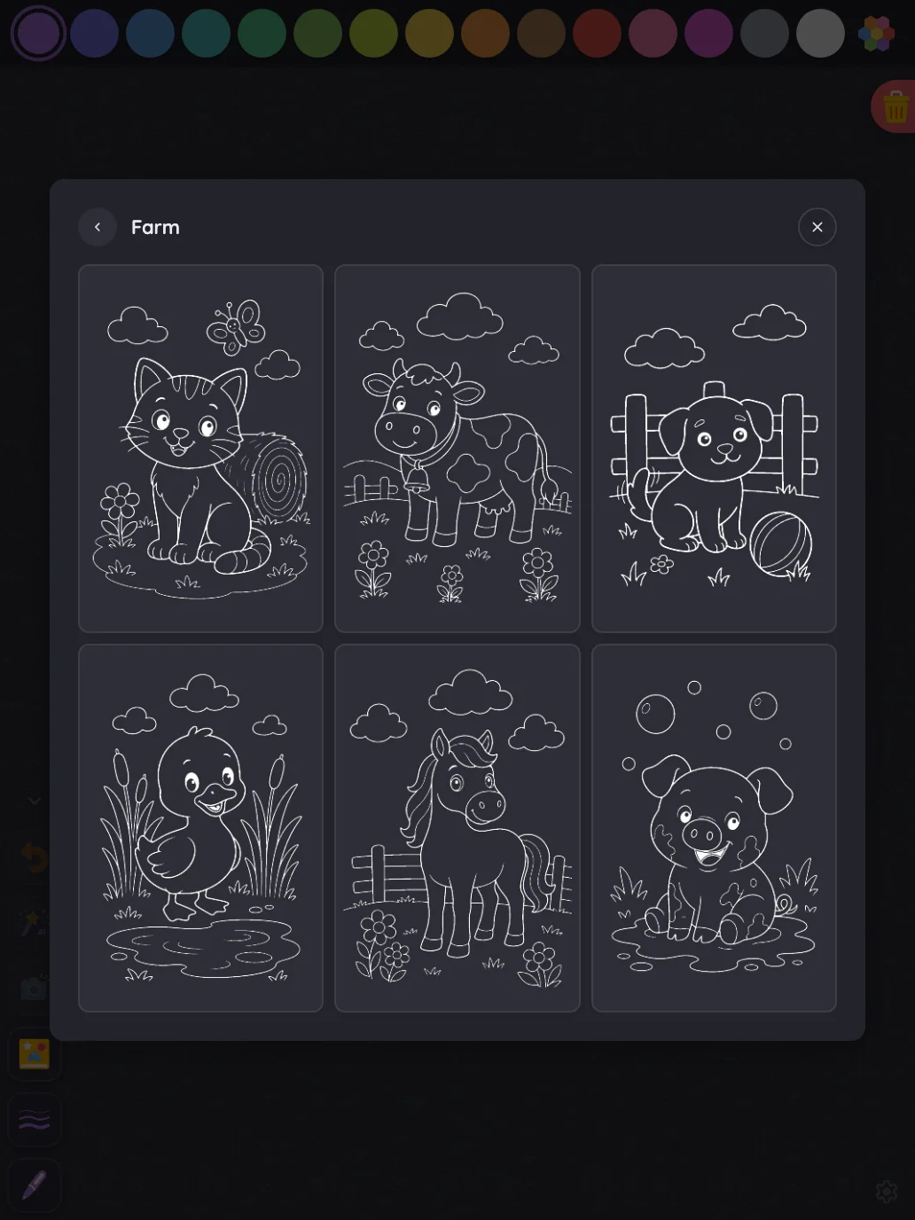 Coloring-page picker in night mode at iPad Pro 13-inch (M4) in portrait