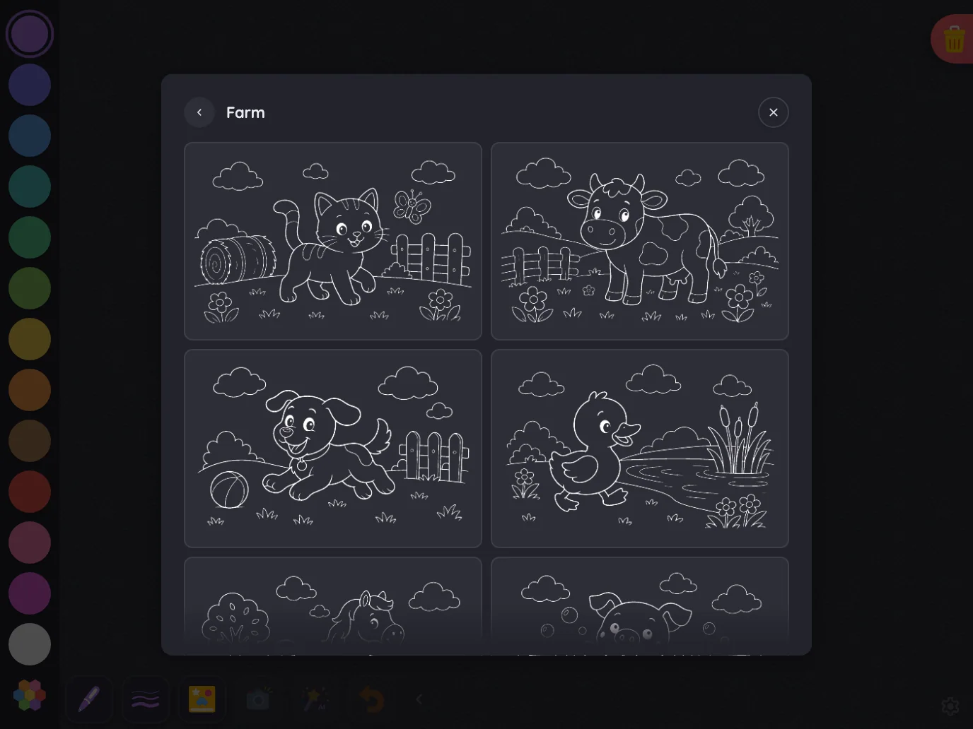 Coloring-page picker in night mode at iPad Pro 13-inch (M4) in landscape