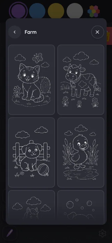 Coloring-page picker in night mode at iPhone 13 mini in portrait