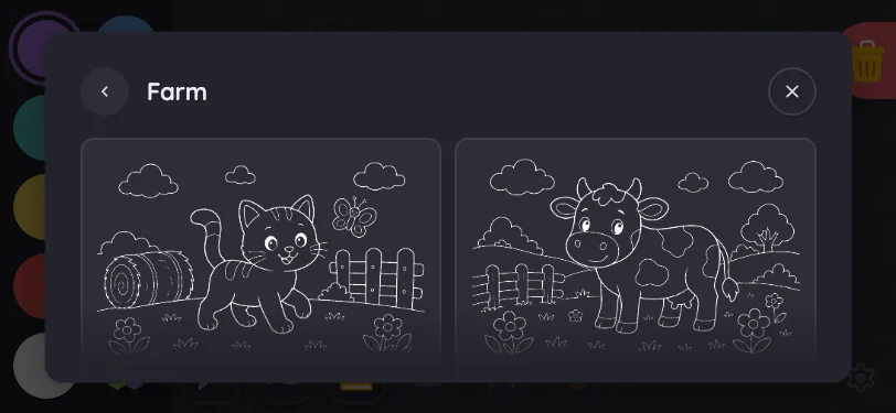 Coloring-page picker in night mode at iPhone 13 mini in landscape