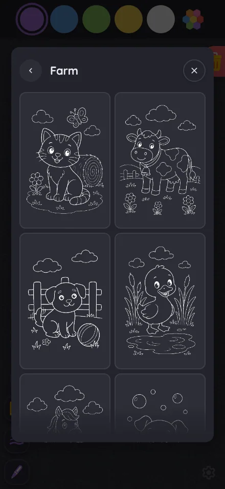 Coloring-page picker in night mode at iPhone 16 Pro Max in portrait