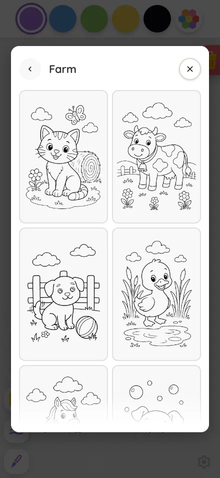 Coloring-page picker in light mode at iPhone 16 Pro Max in portrait
