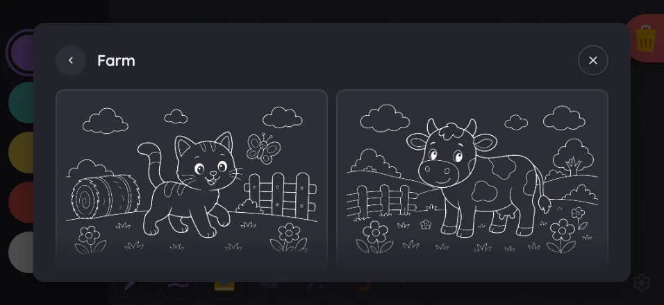 Coloring-page picker in night mode at iPhone 16 Pro Max in landscape