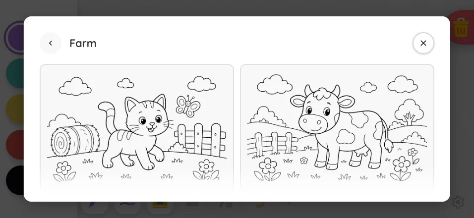 Coloring-page picker in light mode at iPhone 16 Pro Max in landscape