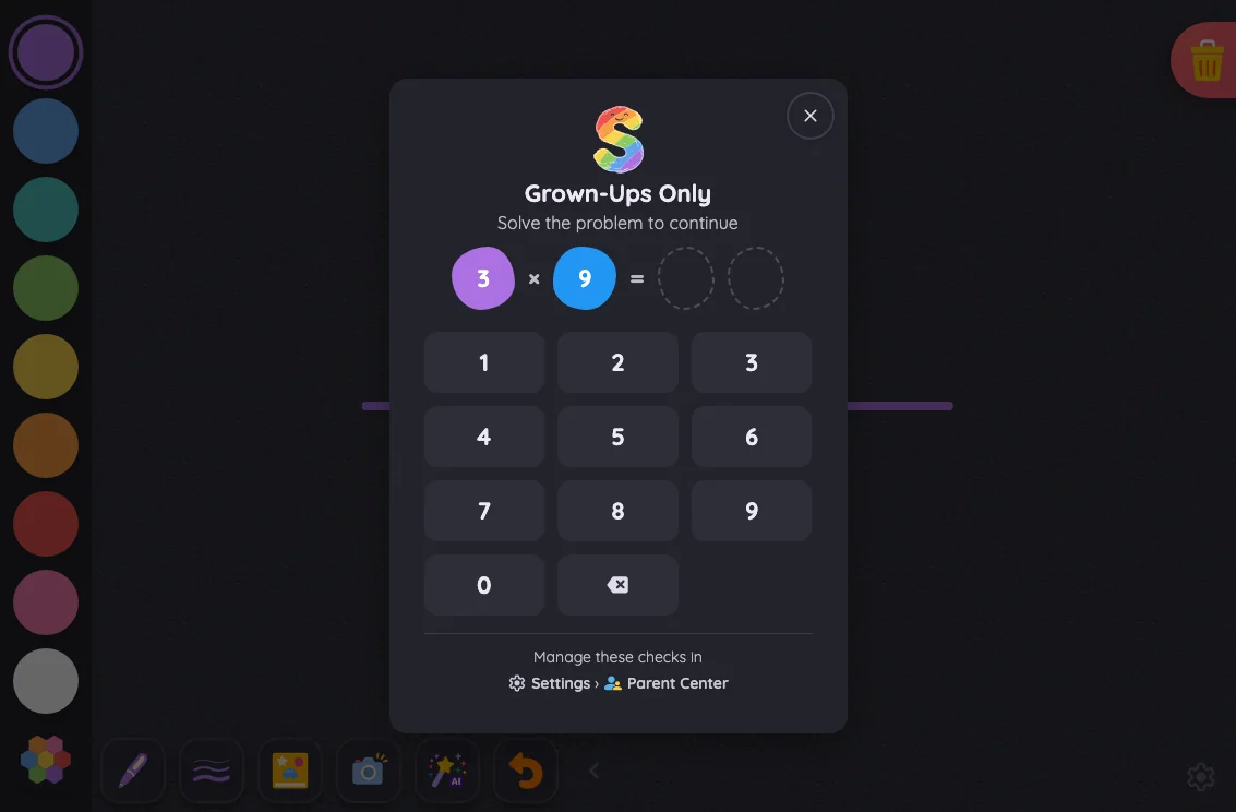 Grown-Ups Only gate in night mode at iPad mini 7th Gen (2024) in landscape