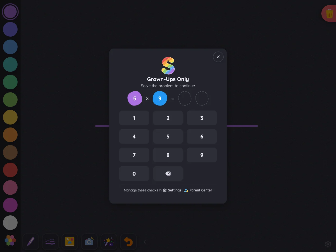 Grown-Ups Only gate in night mode at iPad Pro 13-inch (M4) in landscape