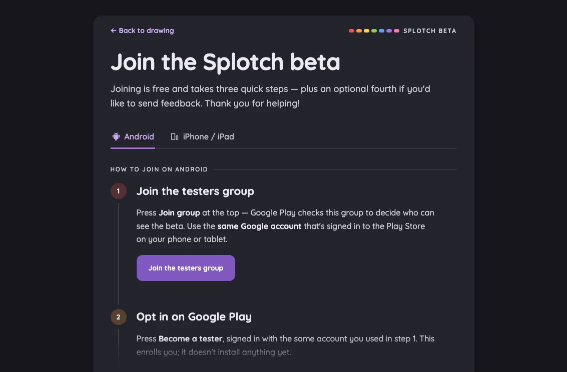 Beta sign-up · Android in night mode at iPad mini 7th Gen (2024) in landscape