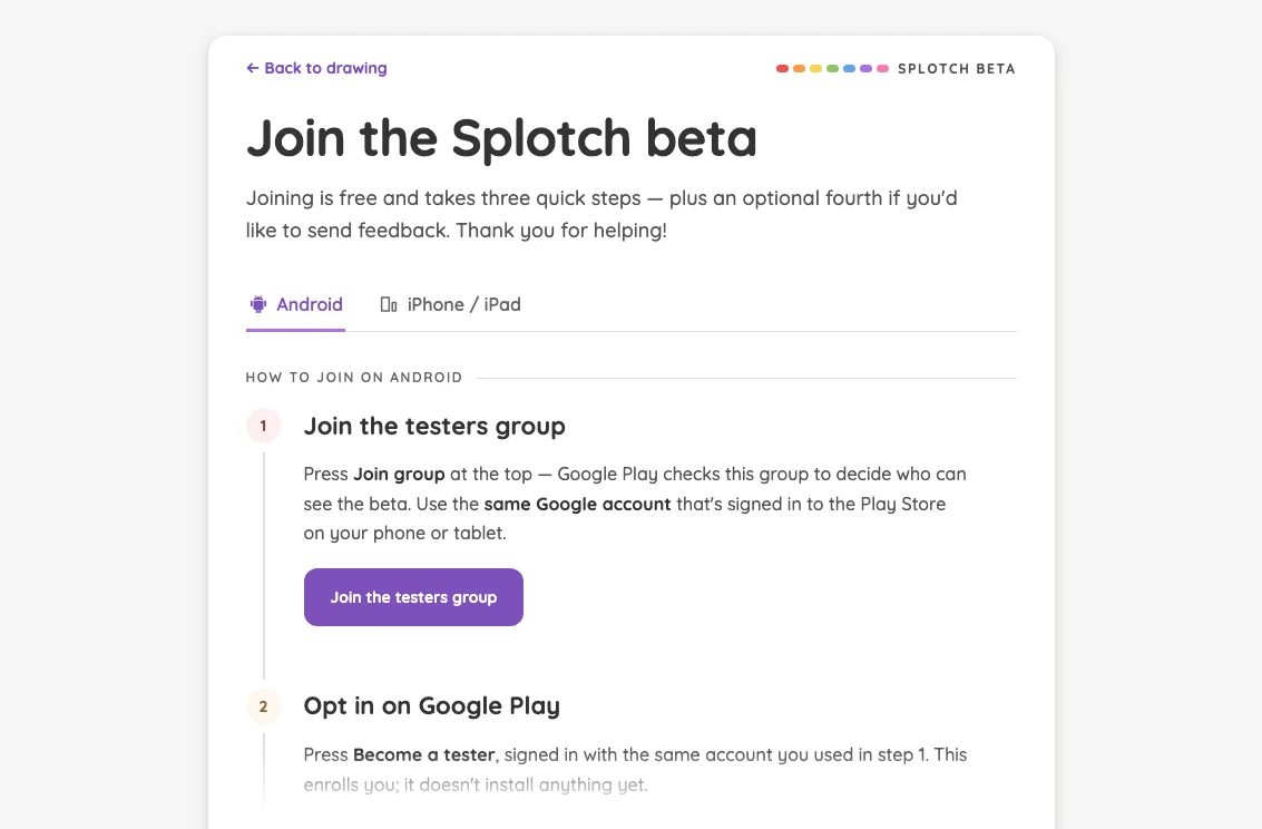 Beta sign-up · Android in light mode at iPad mini 7th Gen (2024) in landscape
