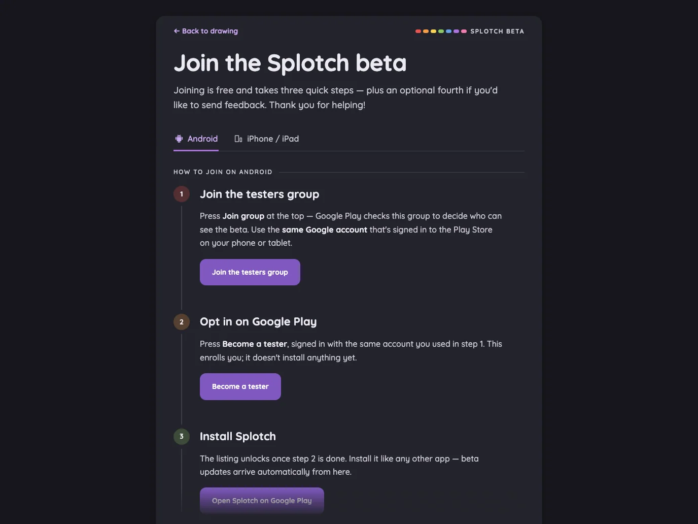 Beta sign-up · Android in night mode at iPad Pro 13-inch (M4) in landscape