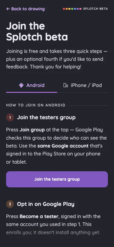 Beta sign-up · Android in night mode at iPhone 13 mini in portrait