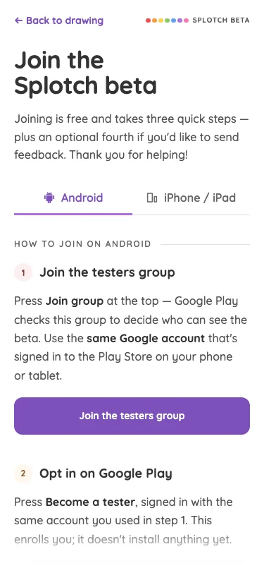 Beta sign-up · Android in light mode at iPhone 13 mini in portrait