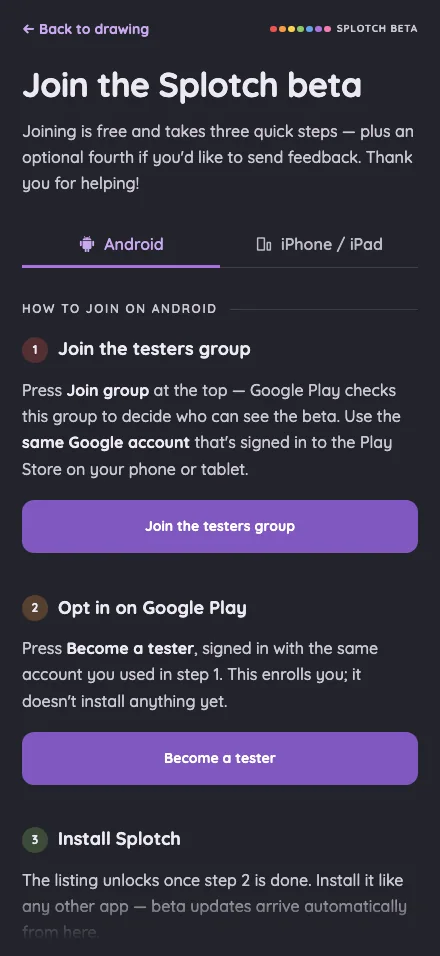 Beta sign-up · Android in night mode at iPhone 16 Pro Max in portrait