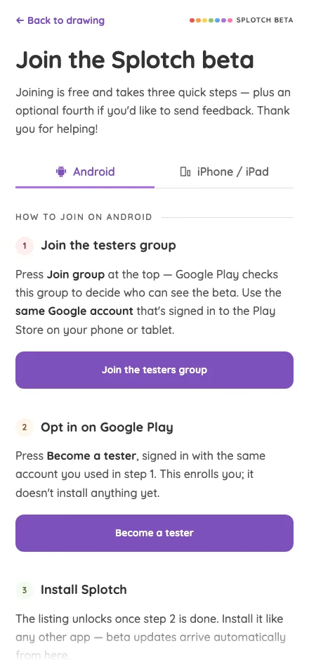 Beta sign-up · Android in light mode at iPhone 16 Pro Max in portrait