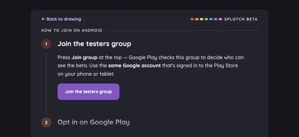 Beta sign-up · Android in night mode at iPhone 16 Pro Max in landscape