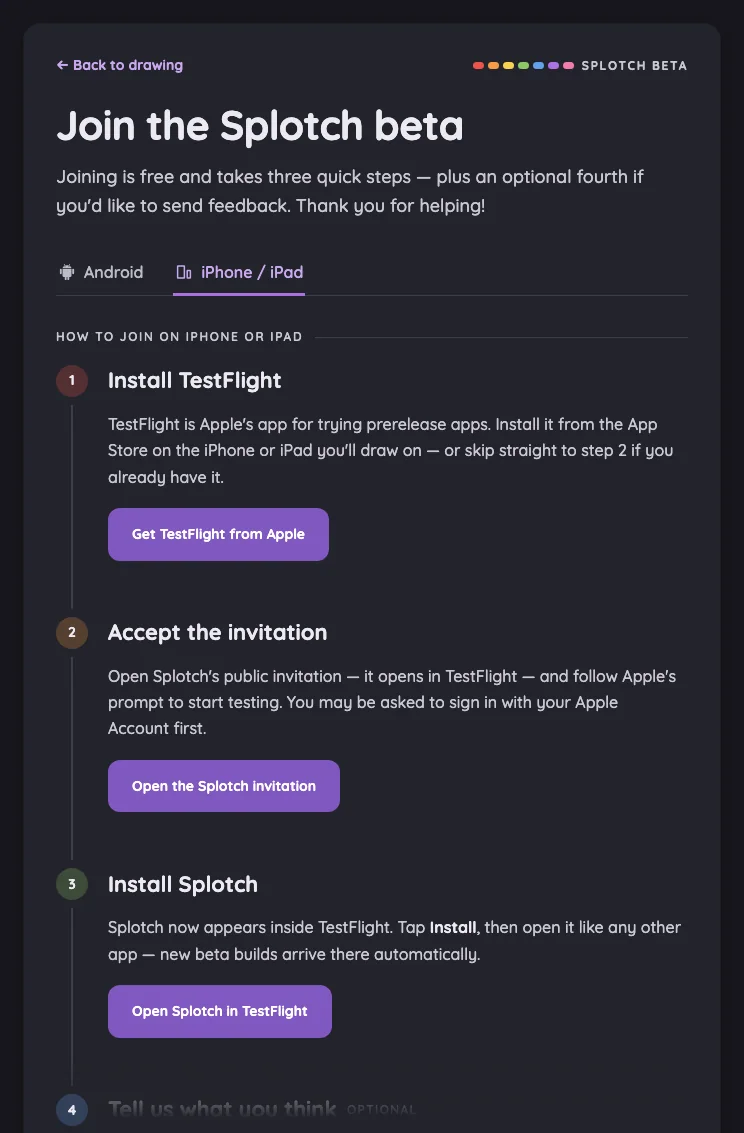 Beta sign-up · iOS in night mode at iPad mini 7th Gen (2024) in portrait