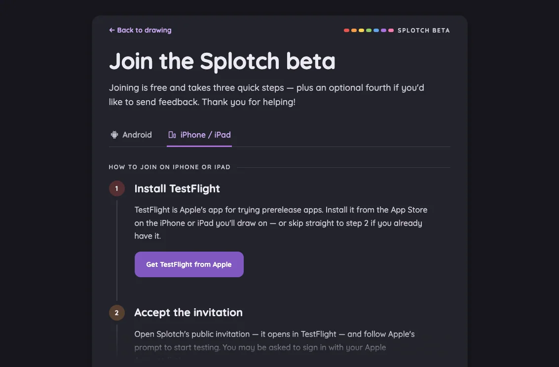 Beta sign-up · iOS in night mode at iPad mini 7th Gen (2024) in landscape