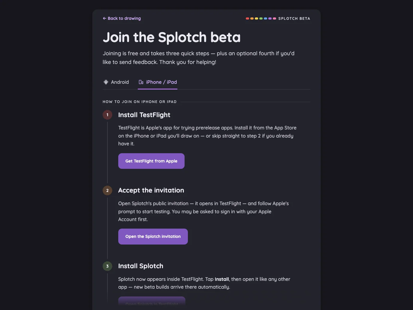 Beta sign-up · iOS in night mode at iPad Pro 13-inch (M4) in landscape