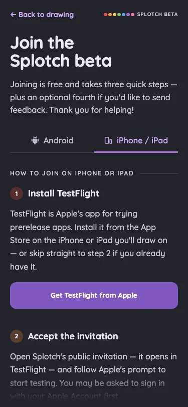 Beta sign-up · iOS in night mode at iPhone 13 mini in portrait