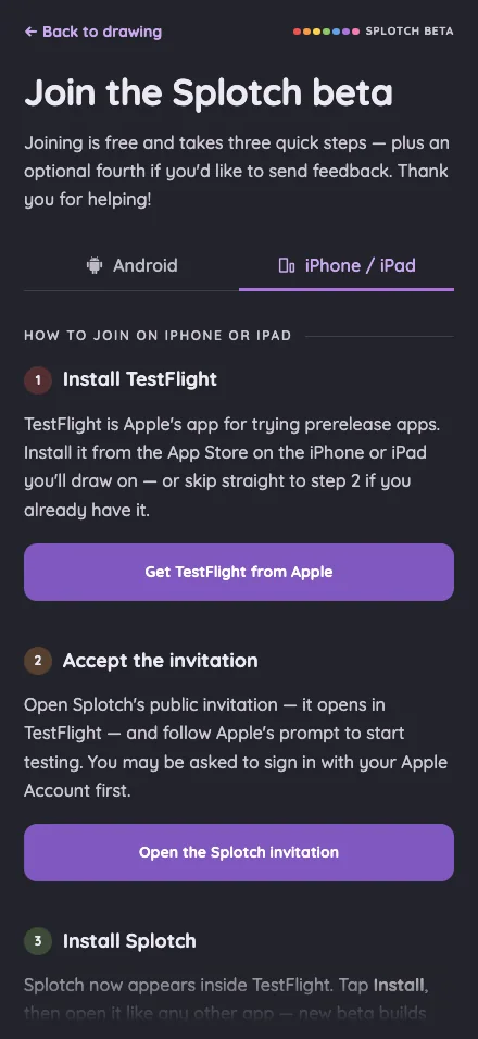Beta sign-up · iOS in night mode at iPhone 16 Pro Max in portrait