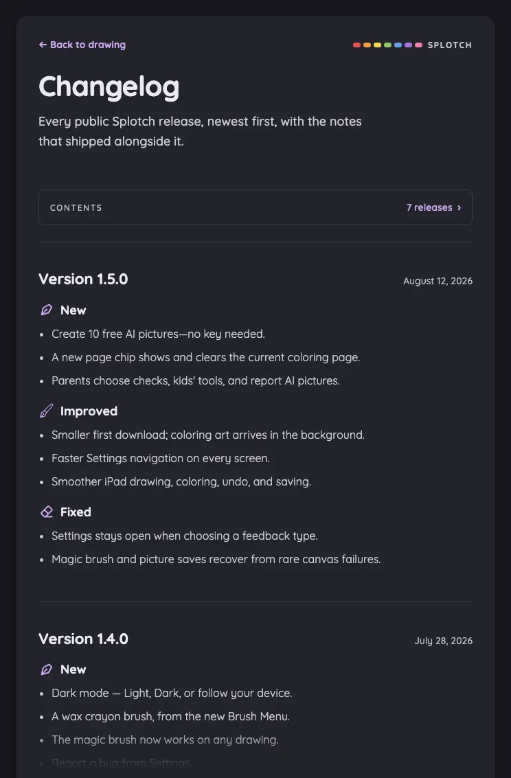 Changelog in night mode at iPad mini 7th Gen (2024) in portrait
